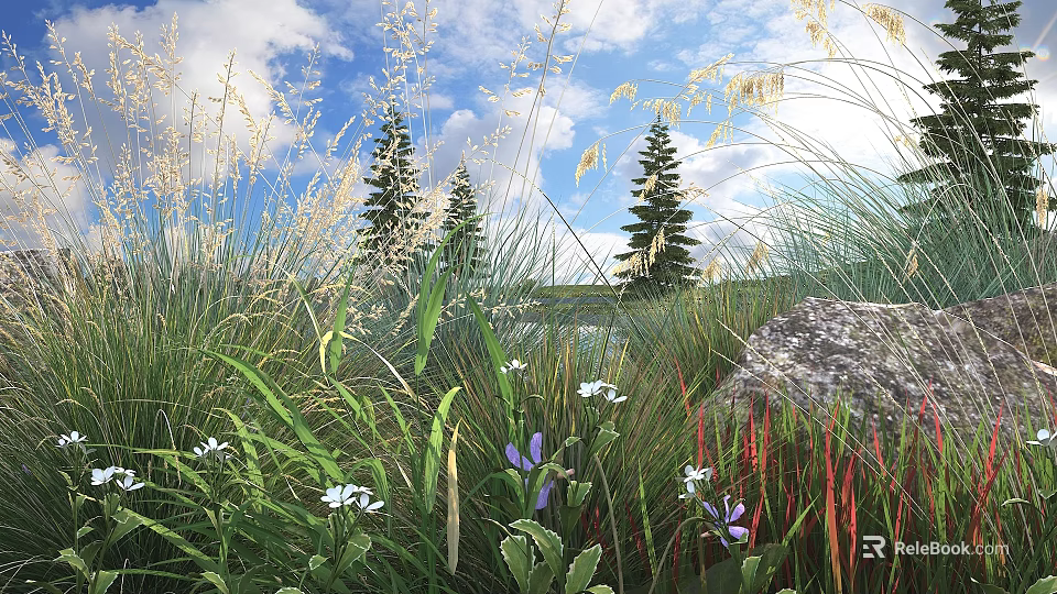 Lush Shrubs In Natural Setting With Green Grass White Purple Flowers Red Grass And Stone 3d model 