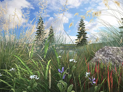 Lush Shrubs In Natural Setting With Green Grass White Purple Flowers Red Grass And Stone 3d model