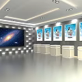 Modern Exhibition Hall With Starry Sky Backdrop Lighting Display Counters And Posters 3d model