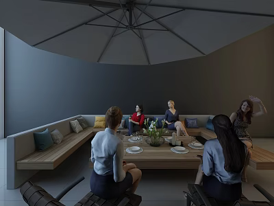People Gathered Around Long Table In Outdoor Lounge With Sofa Seats And Umbrella 3d model