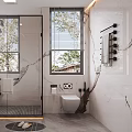 Modern Bathroom Interior Design Featuring Marble Walls Glass Shower Double Sink and Large Windows