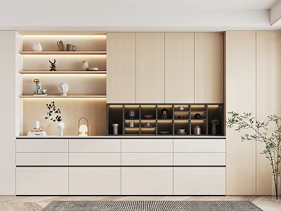 Modern Wooden Sideboard With White Cabinets Open Shelves And Decorative Lighting 3d model