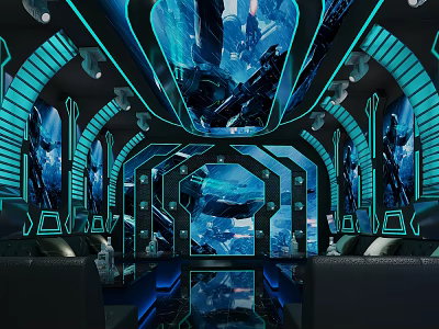Futuristic KTV Interior Design With Neon Blue Lighting Sci Fi Murals And Leather Seats 3d model