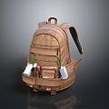 Brown Tactical Backpack With Multiple Pockets Green Drawstrings And Tags 3d model