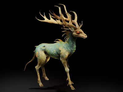 Mythical Deer like Game Movie Character with Intricate Antlers Green Blue Skin Red Eyes 3d model