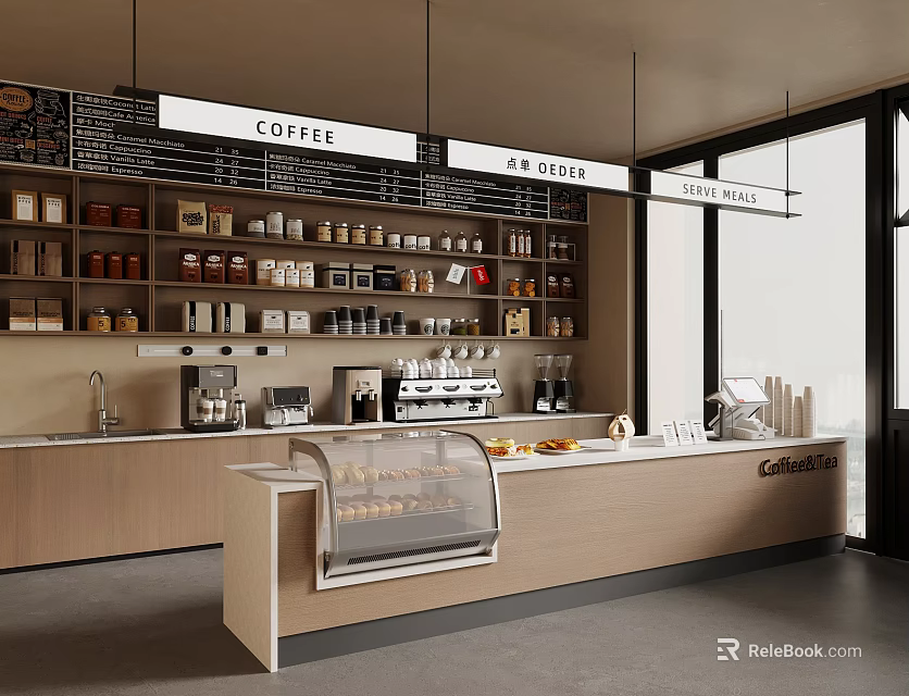 Bright Modern Coffee Bar Counter With Bakery Items Drinks And Ingredient Shelves 3d model 