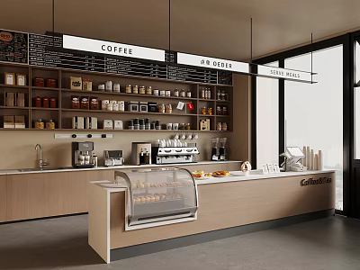 Bright Modern Coffee Bar Counter With Bakery Items Drinks And Ingredient Shelves 3d model