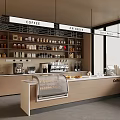 Bright Modern Coffee Bar Counter With Bakery Items Drinks And Ingredient Shelves