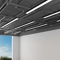 Modern Industrial Suspended Ceiling with Exposed Pipes and Linear Lighting Fixtures