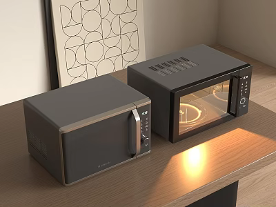Modern Gray Microwave Ovens On Wooden Kitchen Countertop With Glass Doors 3d model