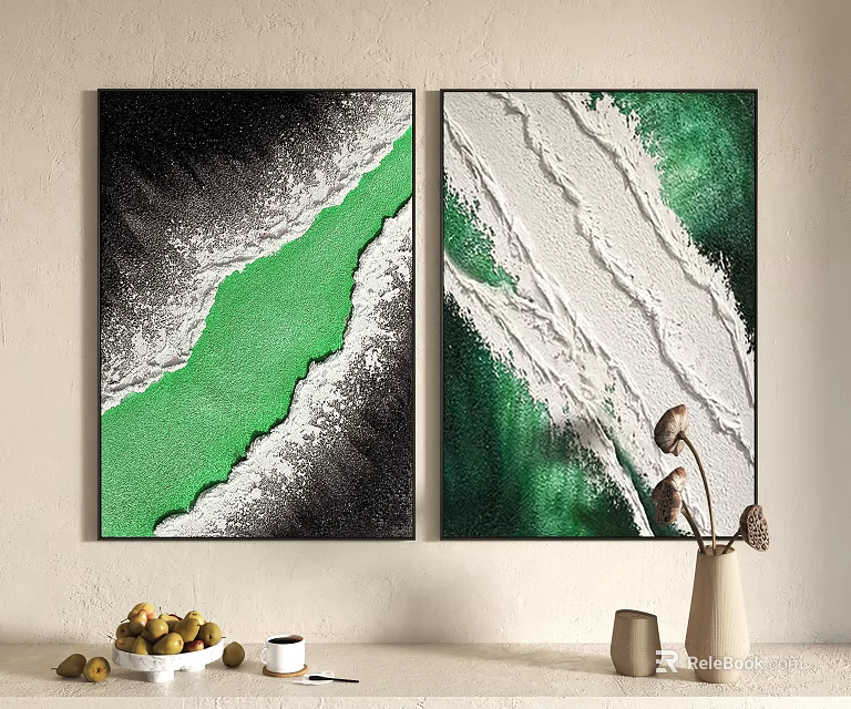 Two Panel Abstract Green And White Textured Wall Art Home Decor 3d model