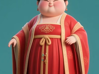 Elegant Woman in Red Traditional Chinese Robe With Golden Patterns and Light Blue Background 3d model