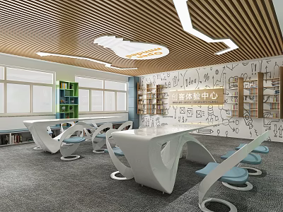 School Qingya Dream Building Center Modern Interior With White Curved Tables Blue Chairs And Bookshelves 3d model
