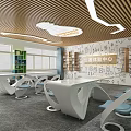 School Qingya Dream Building Center Modern Interior With White Curved Tables Blue Chairs And Bookshelves