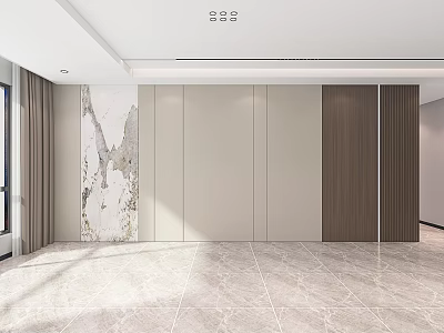 Modern Sofa Background Wall Design With Beige Panels Wooden Strips And Marble Accents 3d model