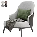 Beige Upholstered Leisure Chair With Geometric Pillow Gray Blanket Leather Trim Arms Black Metal Legs