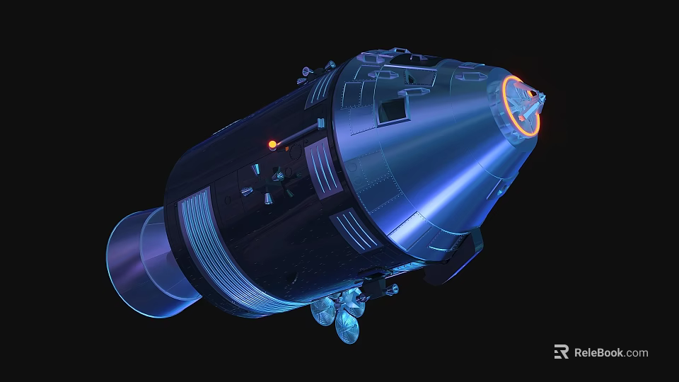 Futuristic Metallic Space Capsule With Blue Lighting And Landing Legs 3d model 