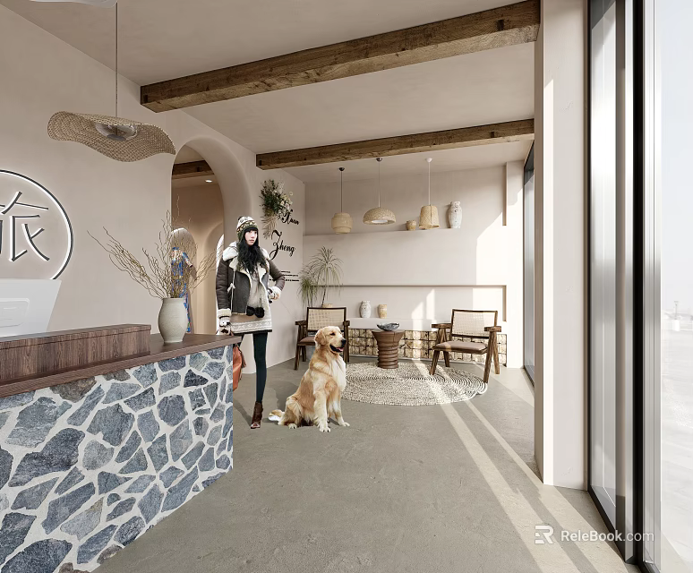 Cozy Shop Reception Desk With Stone Wall Wooden Beams Potted Plants Dog And Chairs 3d model 