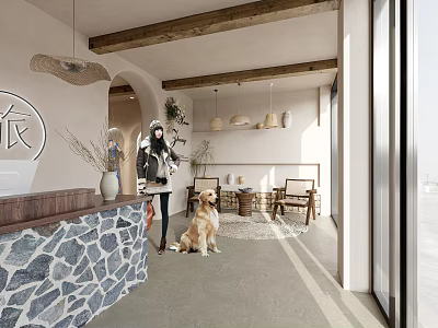 Cozy Shop Reception Desk With Stone Wall Wooden Beams Potted Plants Dog And Chairs 3d model