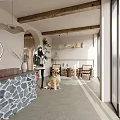 Cozy Shop Reception Desk With Stone Wall Wooden Beams Potted Plants Dog And Chairs