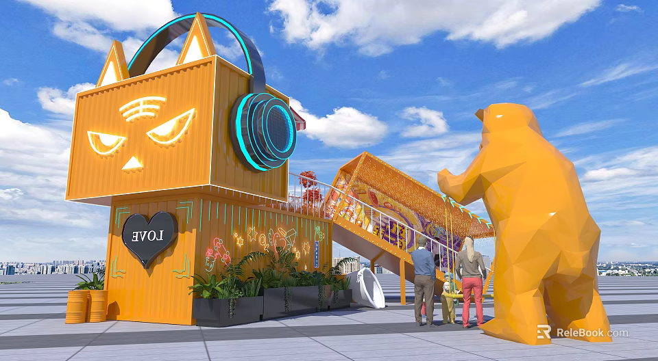 Bright Yellow Container Building With Cat Face Headphones Bear Sculpture And People Under Blue Sky 3d model 