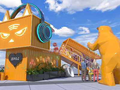 Bright Yellow Container Building With Cat Face Headphones Bear Sculpture And People Under Blue Sky 3d model