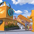 Bright Yellow Container Building With Cat Face Headphones Bear Sculpture And People Under Blue Sky