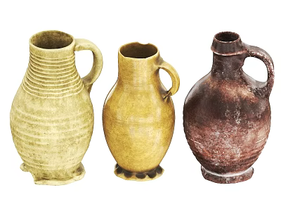 Three Handcrafted Ceramic Vessels With Handles In Earthy Yellow And Brown Tones 3d model