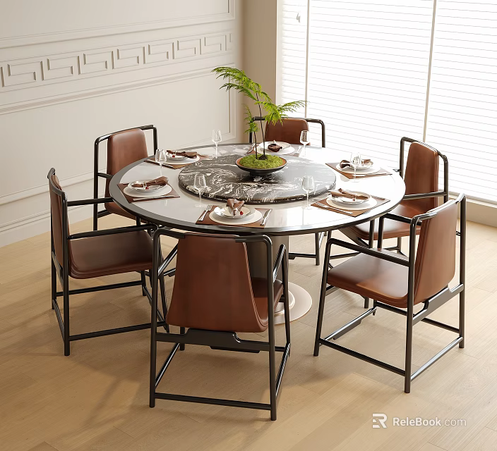 Round Dining Table With Six Brown Leather Chairs Black Metal Frames And Elegant Table Decor 3d model