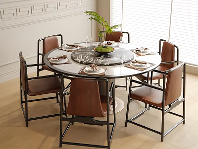 Round Dining Table With Six Brown Leather Chairs Black Metal Frames And Elegant Table Decor 3d model