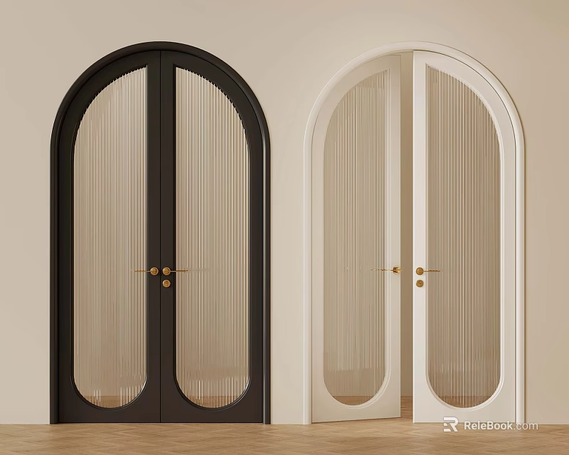 Black And White Double Arched Doors With Ribbed Glass And Golden Handles 3d model 