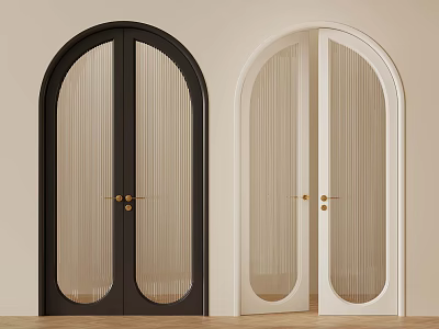 Black And White Double Arched Doors With Ribbed Glass And Golden Handles 3d model