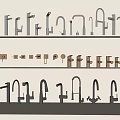 Various Style Faucets Displayed on White Shelves with Silver and Gold Colors