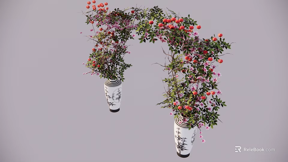 Decorative Vase Flower Arrangement With White Black Patterned Vases And Red Pink Flowers Green Vines 3d model 