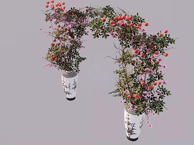 Decorative Vase Flower Arrangement With White Black Patterned Vases And Red Pink Flowers Green Vines 3d model