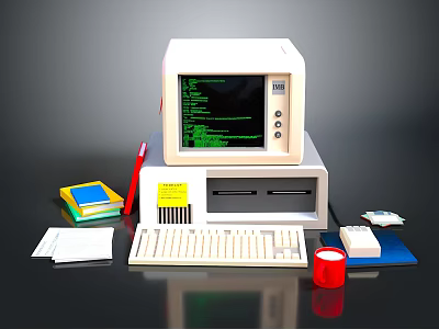 Vintage Computer Office Setup With Monitor Keyboard Printer Books And Accessories 3d model