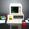 Vintage Computer Office Setup With Monitor Keyboard Printer Books And Accessories
