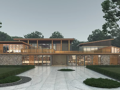 Modern Villa Exterior With Wooden Structure Stone Wall Large Windows Slate Pathway And Landscaped Courtyard 3d model