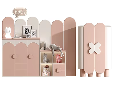 Adorable Kids Wardrobe With Pink White Color Butterfly Decor Storage Cabinets And Small Toys 3d model