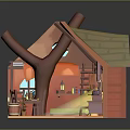 Whimsical Cottage Interior Design With Tree Trunk Ladder Dining Table Bookshelf Stove And Hanging Plants