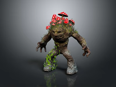 Mythical Earth Creature With Moss Covered Body Red Mushrooms On Head And Green Vines 3d model