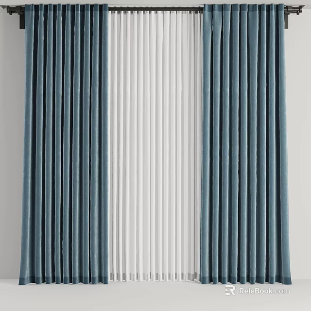 Elegant Blue And White Velvet Pleated Curtains For Home Interior Decor 3d model 
