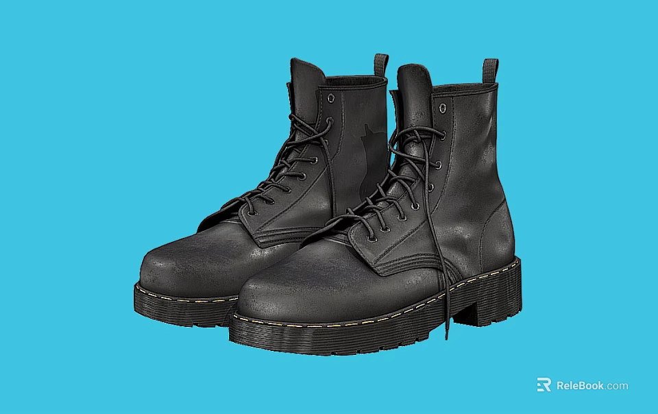 Black Leather Lace Up Boots With Thick Sole For Casual Style 3d model 