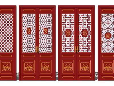 Traditional Chinese Red Swing Doors With Intricate Patterns And Carvings 3d model