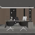 Modern Office Interior With Desk Black Chairs Computer Bookshelves And Green Plant