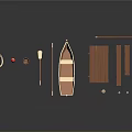 Wooden Small Boat With Dock Planks Posts Life Ring Lantern And Paddle