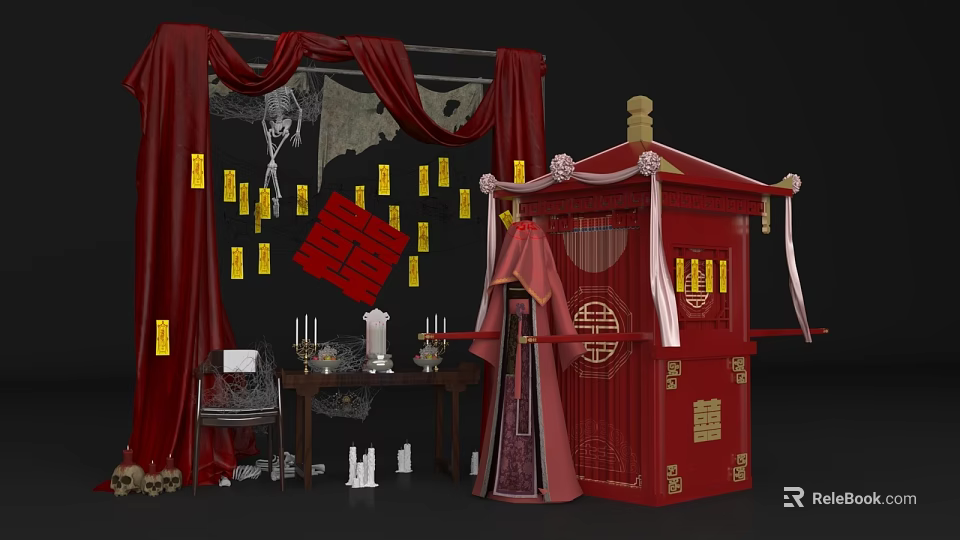 Traditional Chinese Wedding Photo Check-in Spot With Red Curtains Pavilion Gold Decorations And Double Happiness 3d model 