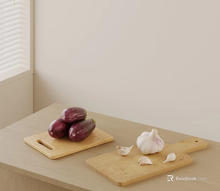 Wooden Cutting Boards With Eggplants And Garlic On Table 3d model 