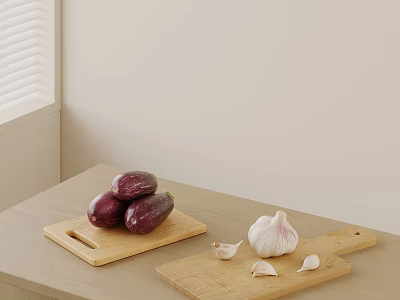Wooden Cutting Boards With Eggplants And Garlic On Table 3d model
