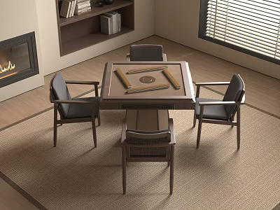 Square Game Table With Four Chairs In Living Room With Fireplace And Bookshelf 3d model